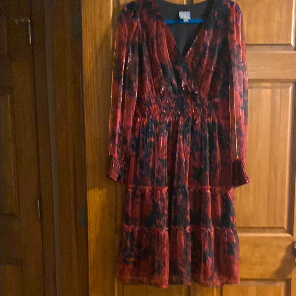 Red and Black Tiered Wrap soft & feminine Dress with Long Bishop Sleeves